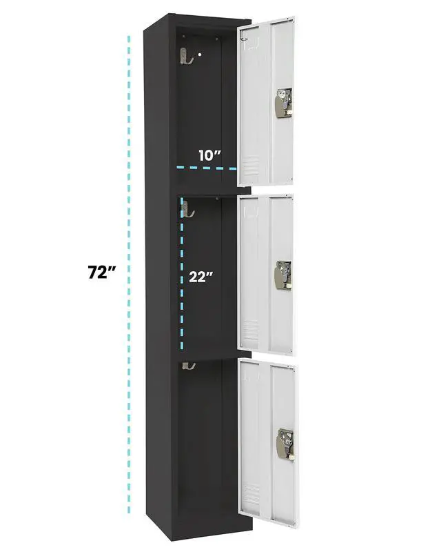 Alt view image 3 of 7 - Large School Locker with 3 Doors 3 Hooks Storage Locker - Metal Storage Locker Cabinet Ideal for School, Garage, Office Lockers - (3 Door, Black Body/White Door)
