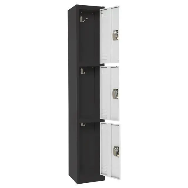 Alt view image 7 of 7 - Large School Locker with 3 Doors 3 Hooks Storage Locker - Metal Storage Locker Cabinet Ideal for School, Garage, Office Lockers - (3 Door, Black Body/White Door)