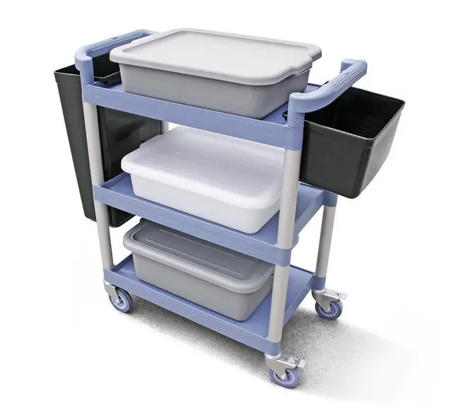 Alt view image 4 of 7 - Heavy-Duty 3-Tier Plastic Utility Bus Cart with Locking Casters, 350 lb Capacity, 42.5 x 19.5 x 38.5 Inch, Gray