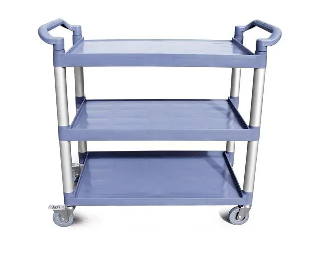 Alt view image 2 of 7 - Heavy-Duty 3-Tier Plastic Utility Bus Cart with Locking Casters, 350 lb Capacity, 42.5 x 19.5 x 38.5 Inch, Gray