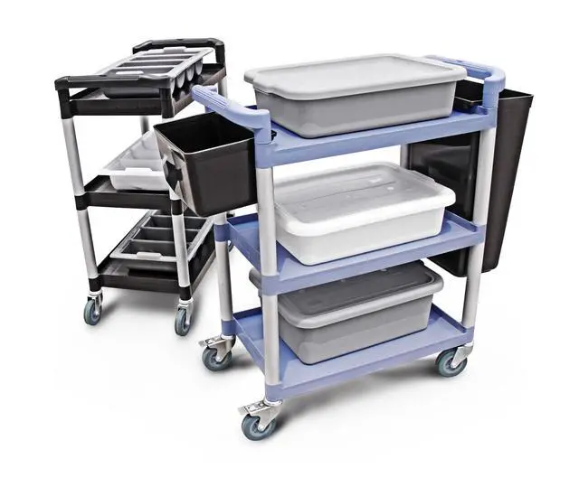 Alt view image 7 of 7 - Heavy-Duty 3-Tier Plastic Utility Bus Cart with Locking Casters, 350 lb Capacity, 42.5 x 19.5 x 38.5 Inch, Gray