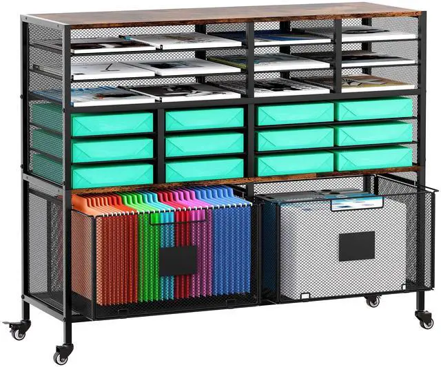Main image of Rolling Cart with 2 Storage Drawer, Under Desk Filling Cabinet with Mail Sorter, Pull Out Hanging File Rack for Letter Size Folders, Mobile Utility Craft Cart for Home Office, Black