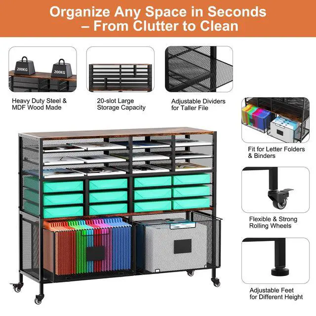 Alt view image 4 of 7 - Rolling Cart with 2 Storage Drawer, Under Desk Filling Cabinet with Mail Sorter, Pull Out Hanging File Rack for Letter Size Folders, Mobile Utility Craft Cart for Home Office, Black