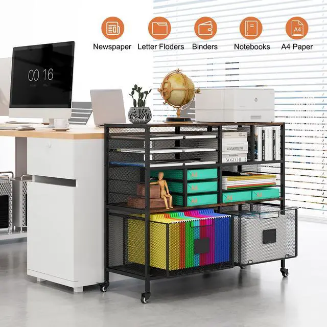 Alt view image 5 of 7 - Rolling Cart with 2 Storage Drawer, Under Desk Filling Cabinet with Mail Sorter, Pull Out Hanging File Rack for Letter Size Folders, Mobile Utility Craft Cart for Home Office, Black