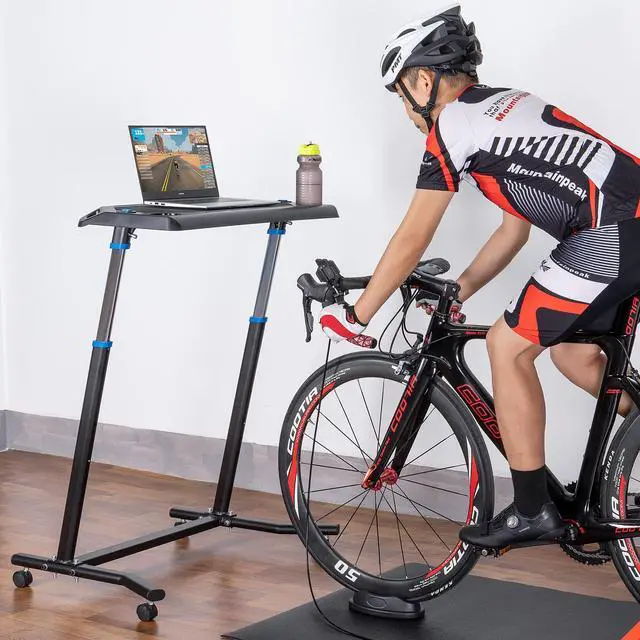 Alt view image 2 of 7 - Indoor Cycling Desk - Adjustable Height Bike Deak Laptop Stand Non-Slip Surface - Portable Bike Trainer Fitness Desk with Lockable Wheels