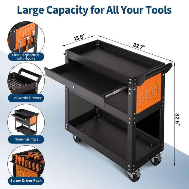Alt view image 2 of 7 - 4 Tier Heavy Duty Rolling Tool Cart On Wheels, 350 Lb Capacity, Metal Utility Carts with Lockable Drawer & Side Pegboards, Mechanic Tool Storage Organizer for Garage Workshop Repair Shop