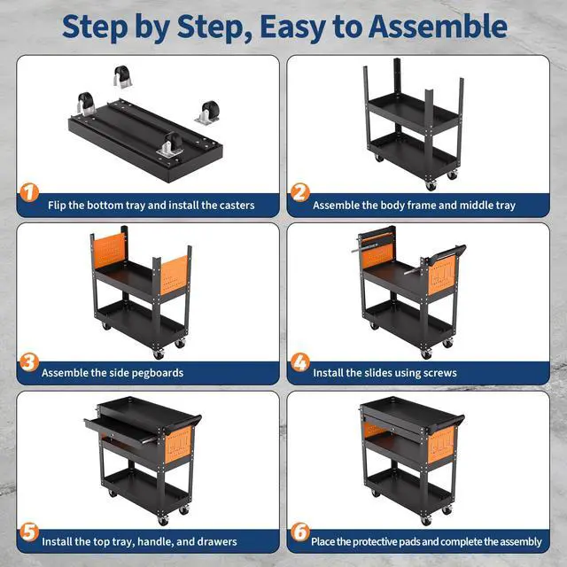 Alt view image 7 of 7 - 4 Tier Heavy Duty Rolling Tool Cart On Wheels, 350 Lb Capacity, Metal Utility Carts with Lockable Drawer & Side Pegboards, Mechanic Tool Storage Organizer for Garage Workshop Repair Shop