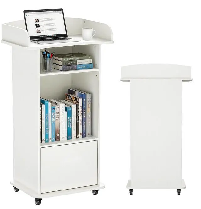 Main image of Podium Stand Portable with Wheels, Classroom Lectern for Teacher with Adjustable Storage Shelf, Mobile Rolling Church Pulpits, Office Wooden Reception Desk, Host Stand for School ConferenceWhite