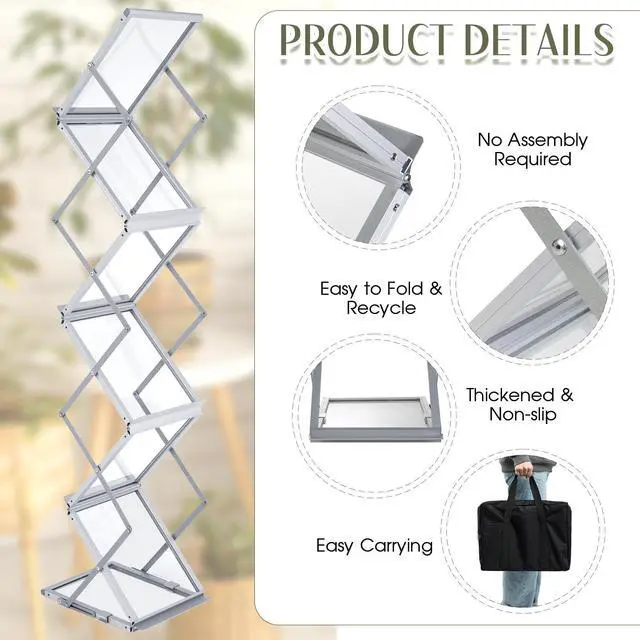 Alt view image 3 of 6 - Foldable Magazine Rack Metal Catalog Literature Rack Portable 6 Pockets with Carrying Bag Aluminum Brochure Stand Display Holder Stand for Exhibition Trade Show Office Retail Store