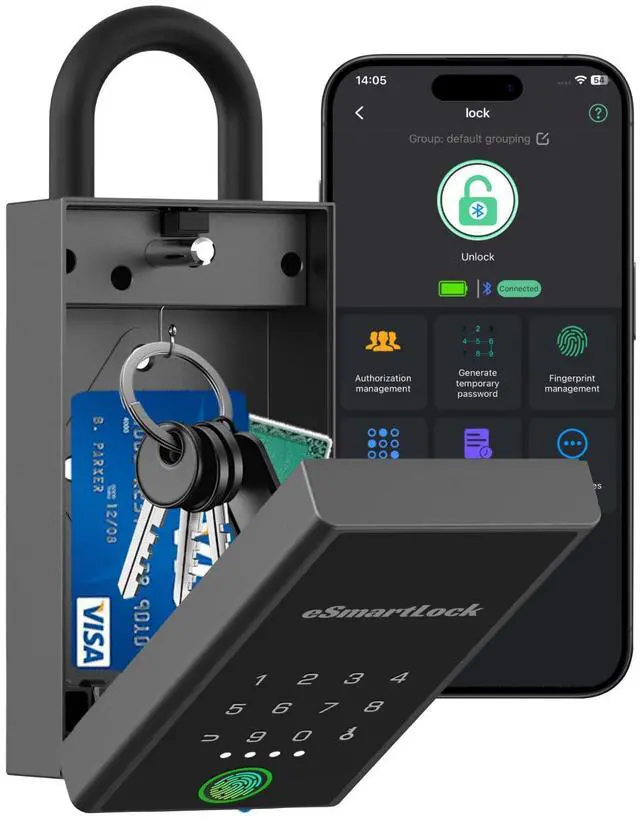 Main image of Smart Key Lock Box with Code, Large Fingerprint Lock Box with APP Control, Electronic Digital Weatherproof Security Hide Key Lock Box Wall Mount & Door Hanging for Outdoor Realtor Airbn