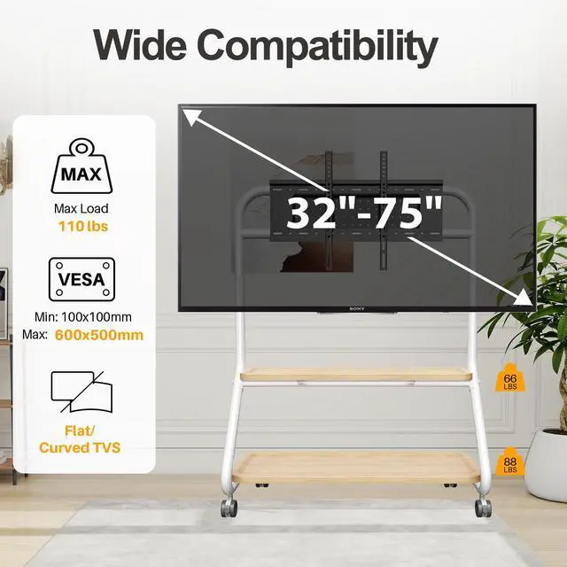 Alt view image 2 of 7 - Easel Rolling TV Stand with Wheel for 32-75 Inch TVs up to110 lbs | Mobile TV Cart With 2-Tier Wood Storage Shelf, Perforated Organizer Panels, Heavy Duty Floor Tv Mount, Vesa Up To 600x400