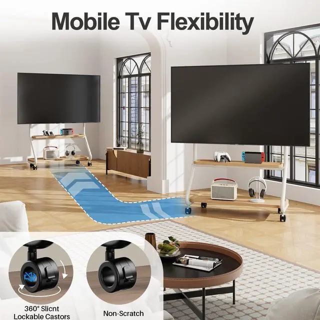 Alt view image 4 of 7 - Easel Rolling TV Stand with Wheel for 32-75 Inch TVs up to110 lbs | Mobile TV Cart With 2-Tier Wood Storage Shelf, Perforated Organizer Panels, Heavy Duty Floor Tv Mount, Vesa Up To 600x400