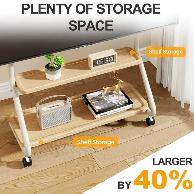 Alt view image 3 of 7 - Easel Rolling TV Stand with Wheel for 32-75 Inch TVs up to110 lbs | Mobile TV Cart With 2-Tier Wood Storage Shelf, Perforated Organizer Panels, Heavy Duty Floor Tv Mount, Vesa Up To 600x400