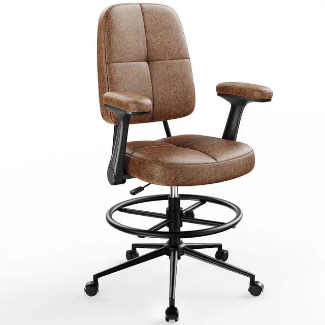 Main image of Ergonomic Drafting Chair for Standing Desk, 330lbs Heavy Duty Tall Office Chair with Adjustable Foot Ring & Flip-Up Arms, Comfort Brown Leather, 3.5" Thick Cushion