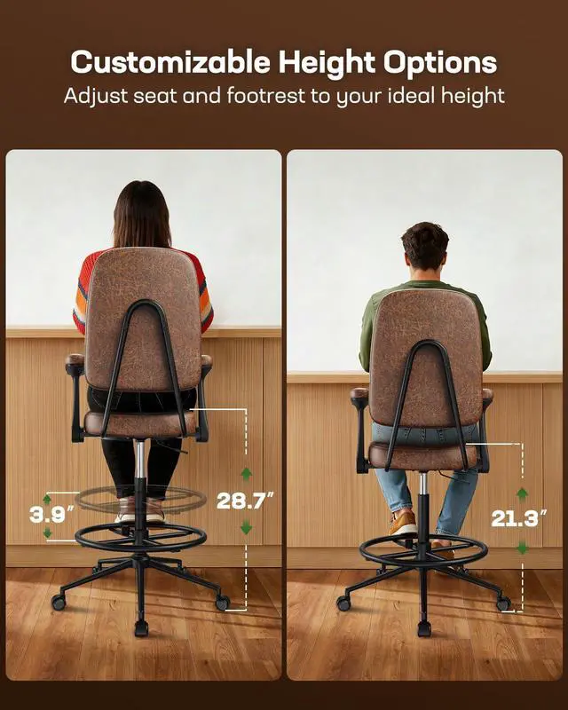 Alt view image 7 of 7 - Ergonomic Drafting Chair for Standing Desk, 330lbs Heavy Duty Tall Office Chair with Adjustable Foot Ring & Flip-Up Arms, Comfort Brown Leather, 3.5" Thick Cushion