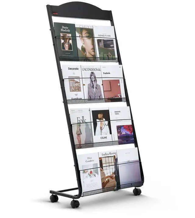 Main image of Brochure Display Rack, 4-Tier Magazine Literature Display Stand with Wheels, Movable Floor Standing Magazine Rack, Heavy Duty Newspaper Catalog Holders for Shop Exhibitions Office Craft Fairs