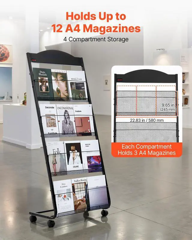 Alt view image 2 of 7 - Brochure Display Rack, 4-Tier Magazine Literature Display Stand with Wheels, Movable Floor Standing Magazine Rack, Heavy Duty Newspaper Catalog Holders for Shop Exhibitions Office Craft Fairs