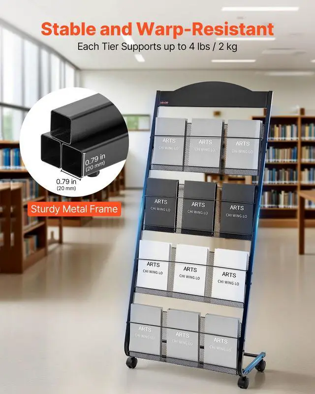 Alt view image 3 of 7 - Brochure Display Rack, 4-Tier Magazine Literature Display Stand with Wheels, Movable Floor Standing Magazine Rack, Heavy Duty Newspaper Catalog Holders for Shop Exhibitions Office Craft Fairs