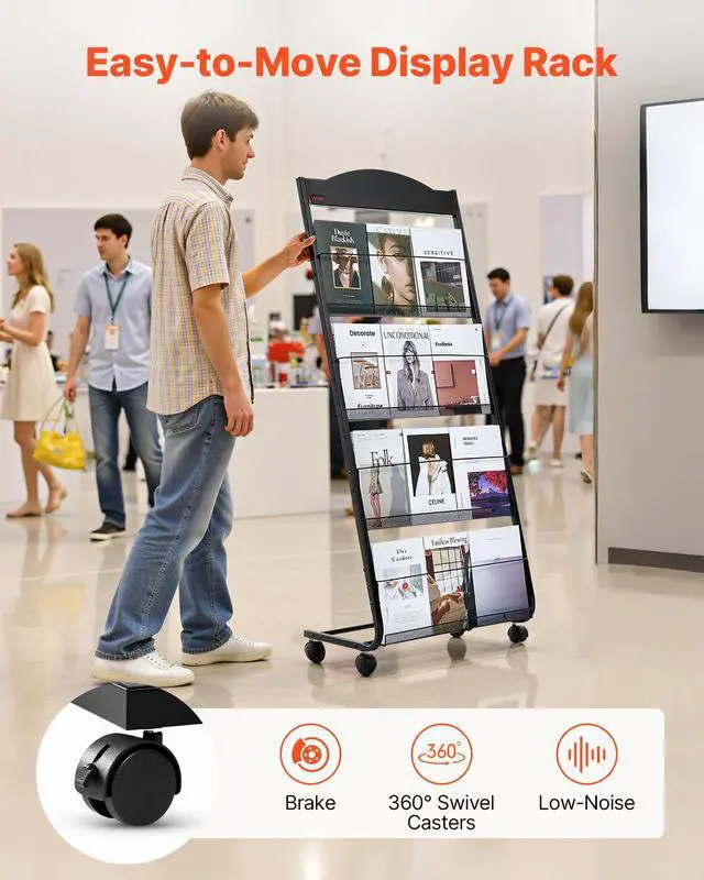Alt view image 4 of 7 - Brochure Display Rack, 4-Tier Magazine Literature Display Stand with Wheels, Movable Floor Standing Magazine Rack, Heavy Duty Newspaper Catalog Holders for Shop Exhibitions Office Craft Fairs