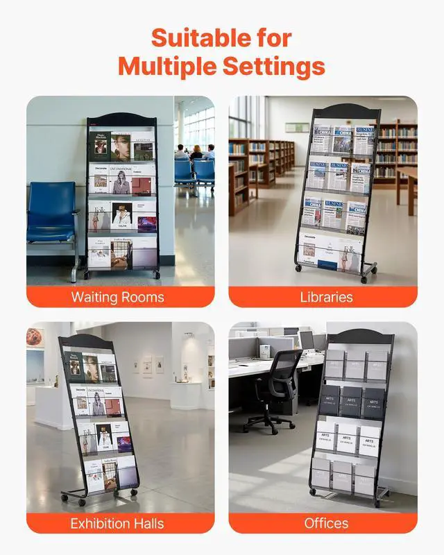 Alt view image 6 of 7 - Brochure Display Rack, 4-Tier Magazine Literature Display Stand with Wheels, Movable Floor Standing Magazine Rack, Heavy Duty Newspaper Catalog Holders for Shop Exhibitions Office Craft Fairs