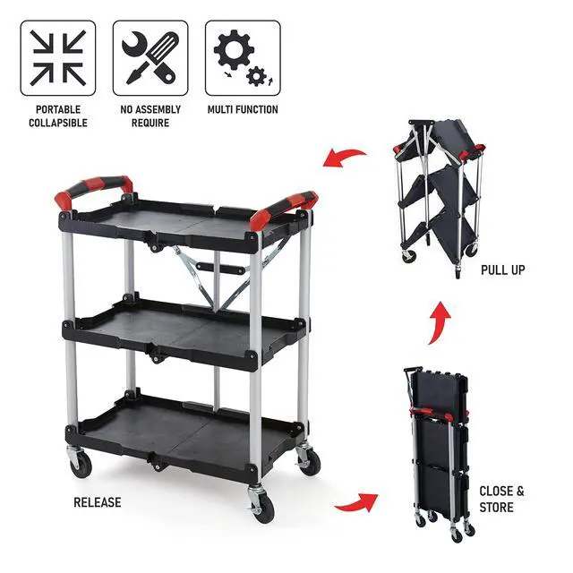 Alt view image 2 of 7 - 410-007 Pack-N-Roll 150 lbs Folding Collapsible Service Cart, Black/Red