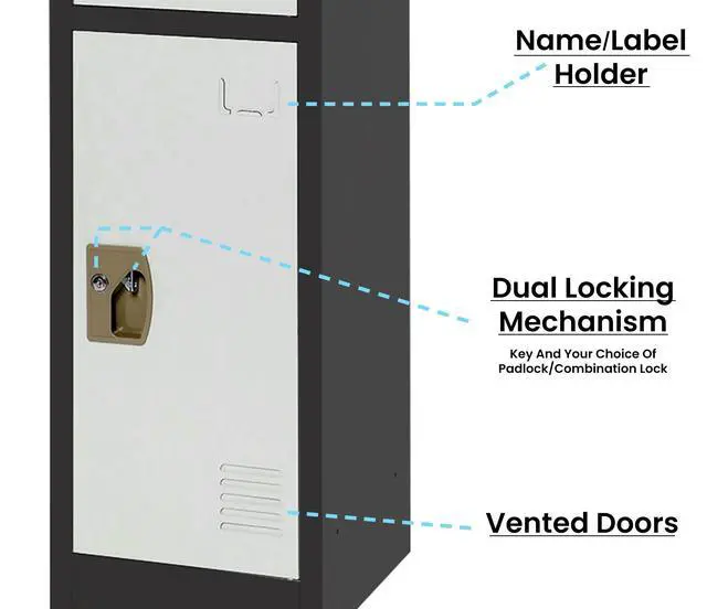 Alt view image 5 of 7 - Large School Locker with 3 Doors 3 Hooks Storage Locker - Metal Storage Locker Cabinet Ideal for School, Garage, Office Lockers - (3 Door, Black Body/White Door)