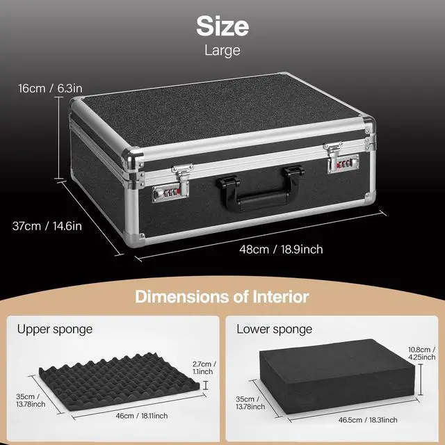 Alt view image 2 of 7 - Combination Lock Box - Locking Storage Case with Customizable Foam, 18.9" Portable Lockable Case for Personal Items, Valuables, Documents, Briefcase for Jewelry, Cash, Medications, Black