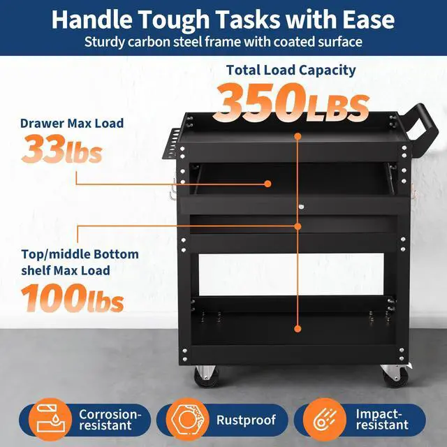Alt view image 6 of 7 - 4 Tier Heavy Duty Rolling Tool Cart On Wheels, 350 Lb Capacity, Metal Utility Carts with Lockable Drawer & Side Pegboards, Mechanic Tool Storage Organizer for Garage Workshop Repair Shop