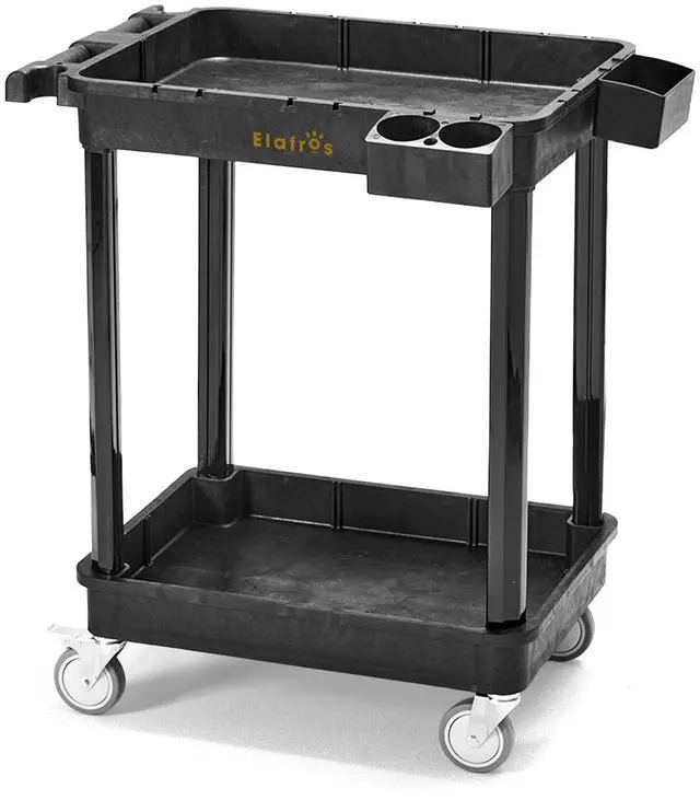 Main image of 2-Shelf Heavy Duty Plastic Rolling Utility Cart, 28x19 in, 330 lbs | Locking Swivel Wheels, Multipurpose Service Cart, Work Cart, Tool Storage Organizer, Home Office Garage Workshop Industrial
