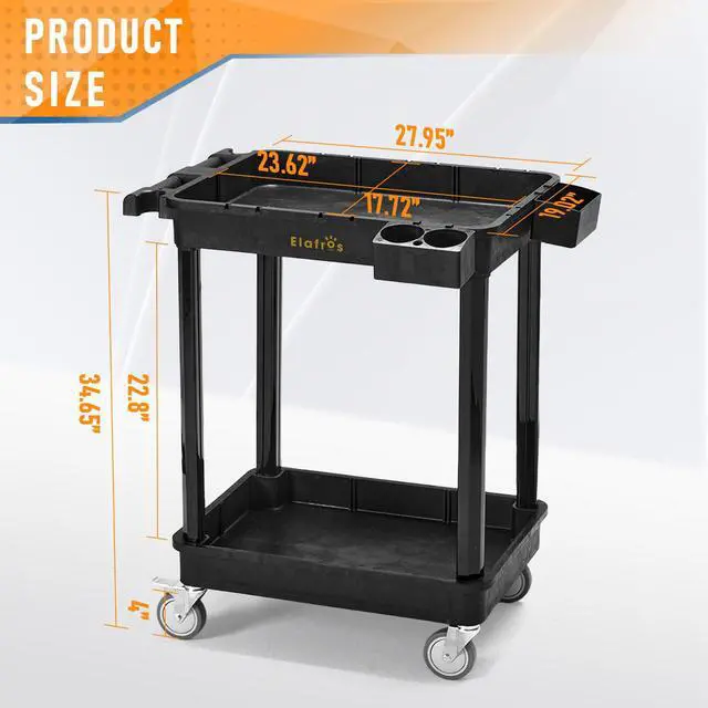 Alt view image 2 of 6 - 2-Shelf Heavy Duty Plastic Rolling Utility Cart, 28x19 in, 330 lbs | Locking Swivel Wheels, Multipurpose Service Cart, Work Cart, Tool Storage Organizer, Home Office Garage Workshop Industrial