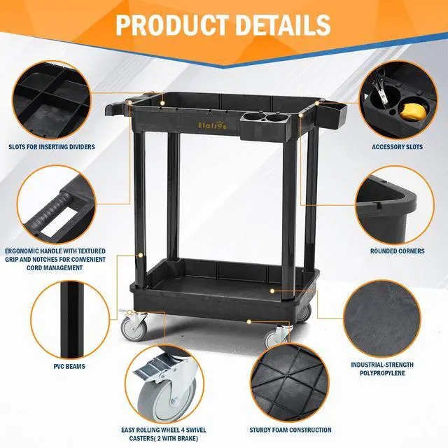 Alt view image 3 of 6 - 2-Shelf Heavy Duty Plastic Rolling Utility Cart, 28x19 in, 330 lbs | Locking Swivel Wheels, Multipurpose Service Cart, Work Cart, Tool Storage Organizer, Home Office Garage Workshop Industrial