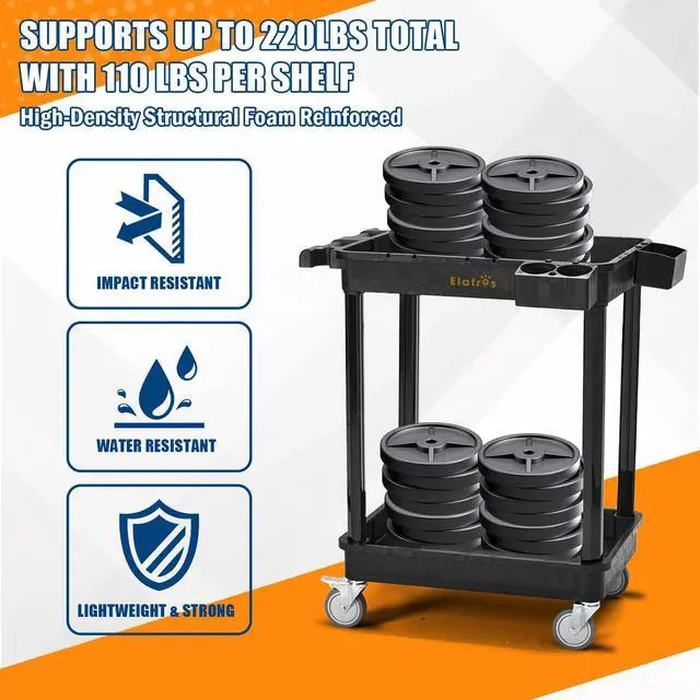 Alt view image 6 of 6 - 2-Shelf Heavy Duty Plastic Rolling Utility Cart, 28x19 in, 330 lbs | Locking Swivel Wheels, Multipurpose Service Cart, Work Cart, Tool Storage Organizer, Home Office Garage Workshop Industrial