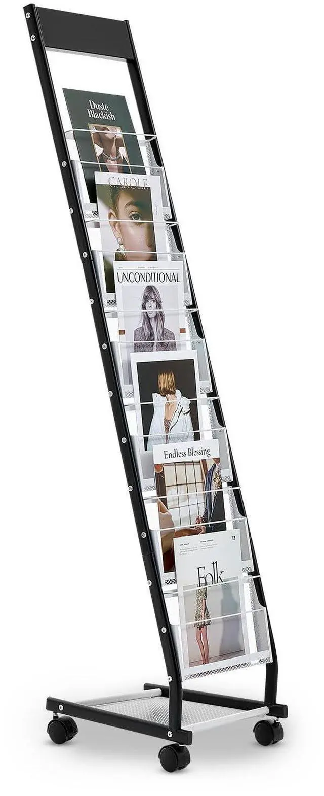 Main image of Brochure Display Rack, Narrow 6-Tier Magazine Literature Display Stand with Wheels, Metal Floor Standing Magazine Rack, Movable Newspaper Catalog Holders for Shop Exhibitions Office (6 Pockets)