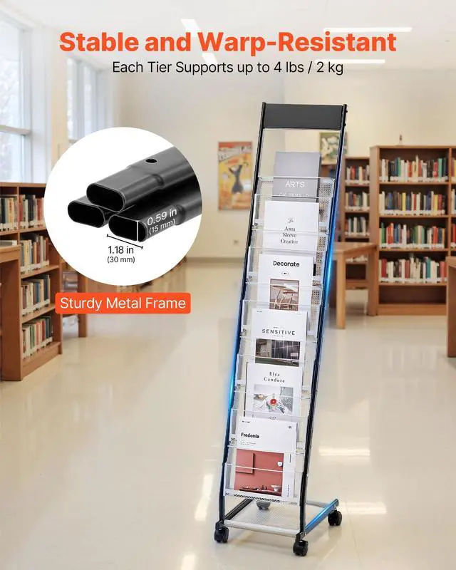 Alt view image 3 of 7 - Brochure Display Rack, Narrow 6-Tier Magazine Literature Display Stand with Wheels, Metal Floor Standing Magazine Rack, Movable Newspaper Catalog Holders for Shop Exhibitions Office (6 Pockets)