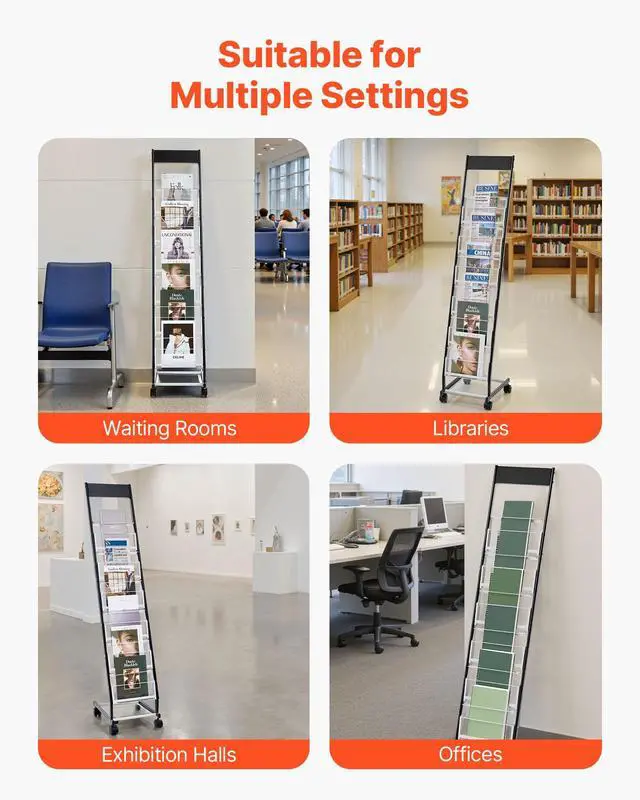 Alt view image 6 of 7 - Brochure Display Rack, Narrow 6-Tier Magazine Literature Display Stand with Wheels, Metal Floor Standing Magazine Rack, Movable Newspaper Catalog Holders for Shop Exhibitions Office (6 Pockets)