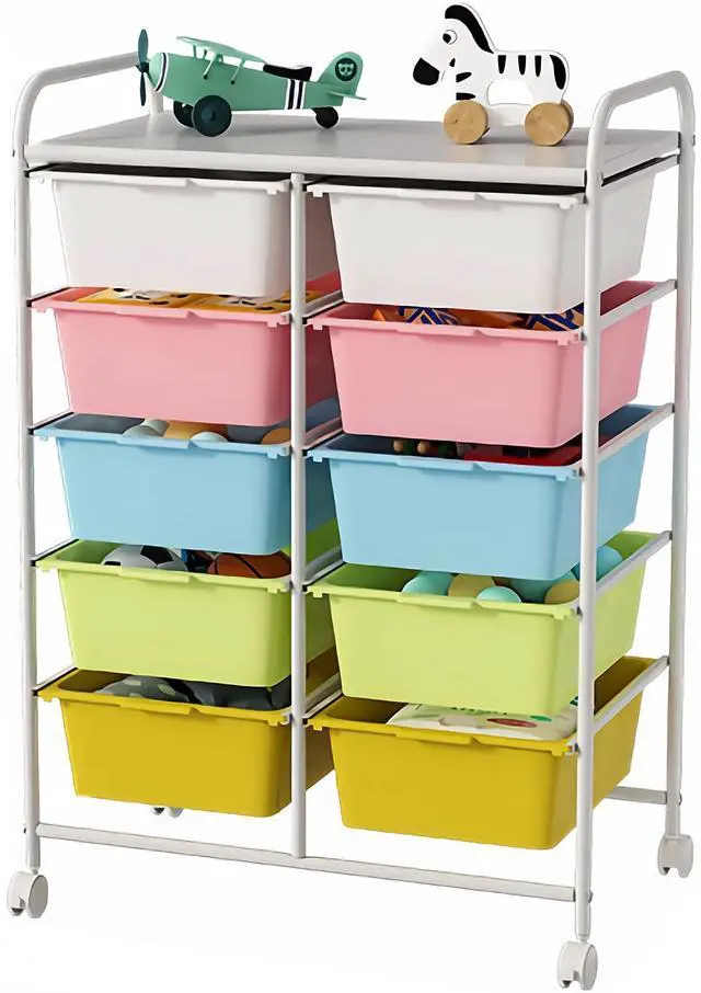 Main image of 10 Drawers Rolling Storage Cart, Plastic Drawer Cart with Metal Frame, Multipurpose Art Craft Cart Organizer with Wheels, Utility Cart with Drawers for Home, Office, School, Multicolor