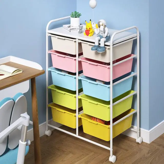 Alt view image 2 of 7 - 10 Drawers Rolling Storage Cart, Plastic Drawer Cart with Metal Frame, Multipurpose Art Craft Cart Organizer with Wheels, Utility Cart with Drawers for Home, Office, School, Multicolor