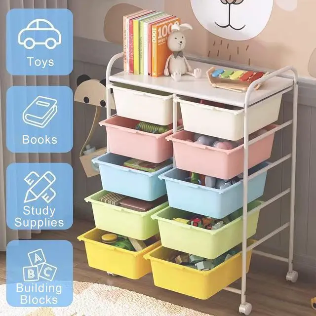 Alt view image 6 of 7 - 10 Drawers Rolling Storage Cart, Plastic Drawer Cart with Metal Frame, Multipurpose Art Craft Cart Organizer with Wheels, Utility Cart with Drawers for Home, Office, School, Multicolor