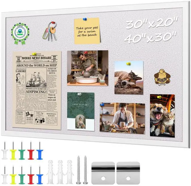 Main image of 30x40 White Cork Board, Wooden Frame, Hanging Pin for Office | 30x40 inch white cork board, wooden frame, cork surface resists pinholes, easy wall hanging, office school home