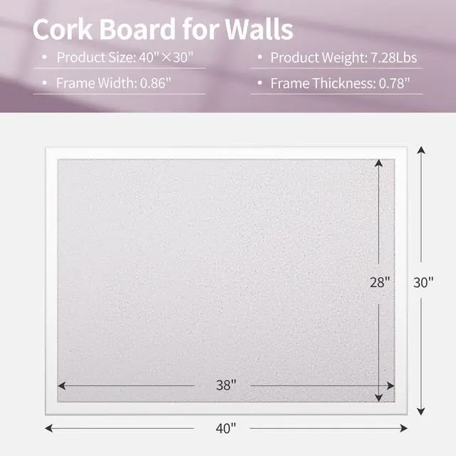Alt view image 2 of 7 - 30x40 White Cork Board, Wooden Frame, Hanging Pin for Office | 30x40 inch white cork board, wooden frame, cork surface resists pinholes, easy wall hanging, office school home