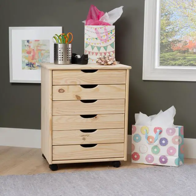 Alt view image 2 of 7 - Corinne Unfinished Wide Six Drawer Wooden Rolling Storage Cart