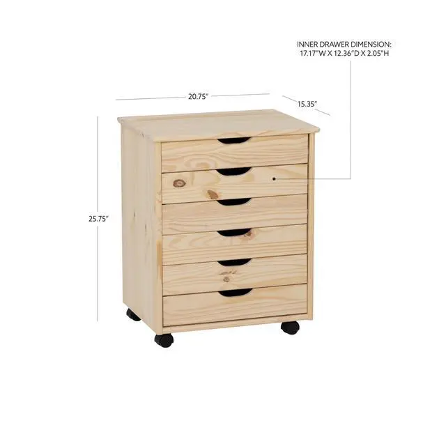 Alt view image 3 of 7 - Corinne Unfinished Wide Six Drawer Wooden Rolling Storage Cart