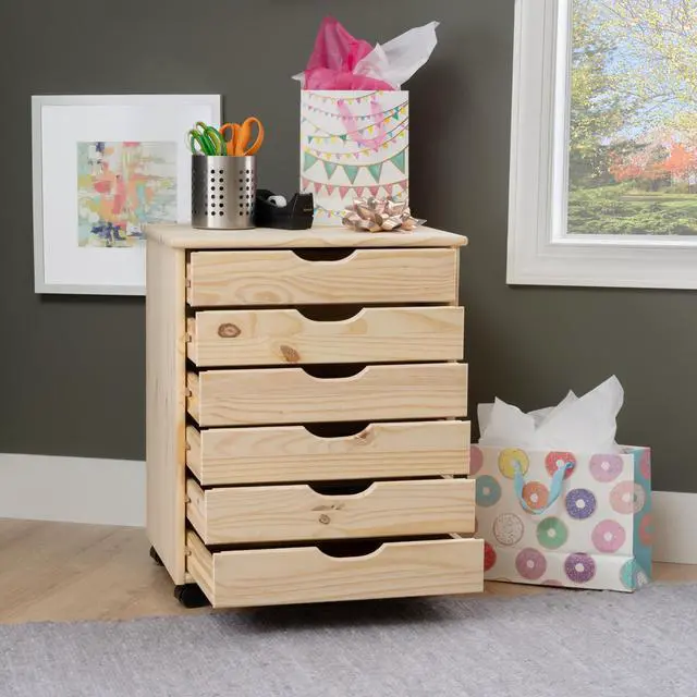 Alt view image 4 of 7 - Corinne Unfinished Wide Six Drawer Wooden Rolling Storage Cart