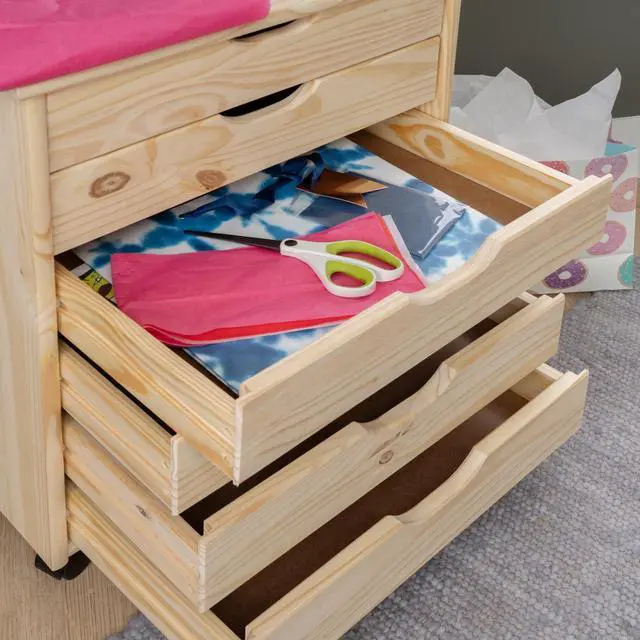 Alt view image 6 of 7 - Corinne Unfinished Wide Six Drawer Wooden Rolling Storage Cart