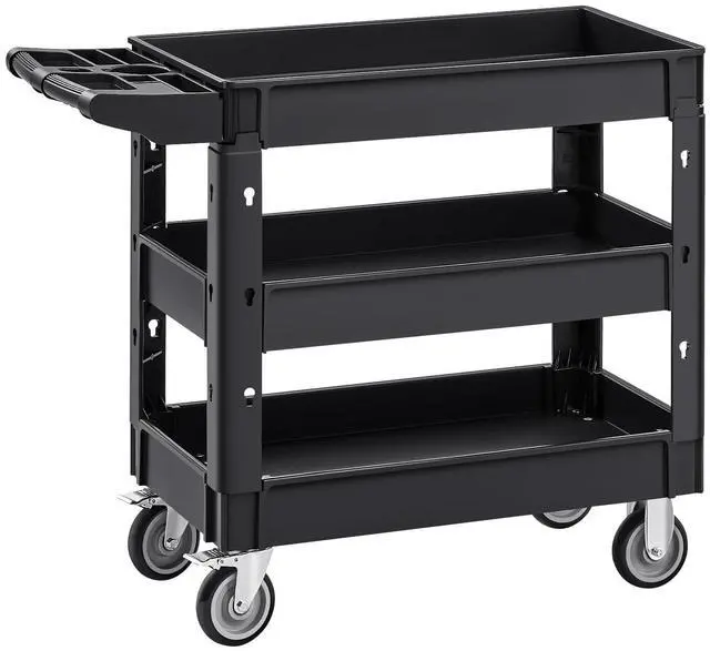 Main image of Utility Cart, 3-Tier Plastic Service Cart with 550LBS Capacity, 360° Swivel Casters (Including 2 Locking Wheels), Medium Lipped Shelves, Ergonomic Handle, for Garage, Warehouse, Cleaning Tasks