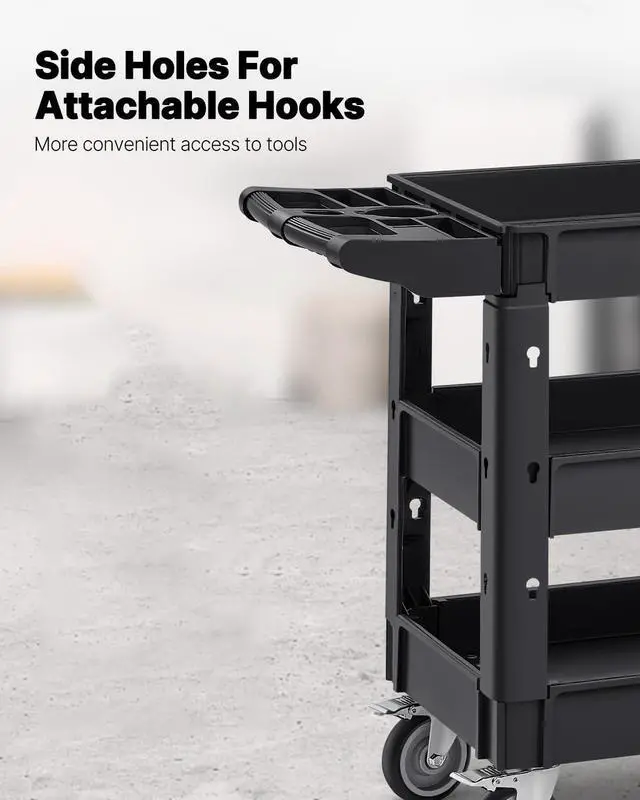 Alt view image 5 of 7 - Utility Cart, 3-Tier Plastic Service Cart with 550LBS Capacity, 360° Swivel Casters (Including 2 Locking Wheels), Medium Lipped Shelves, Ergonomic Handle, for Garage, Warehouse, Cleaning Tasks