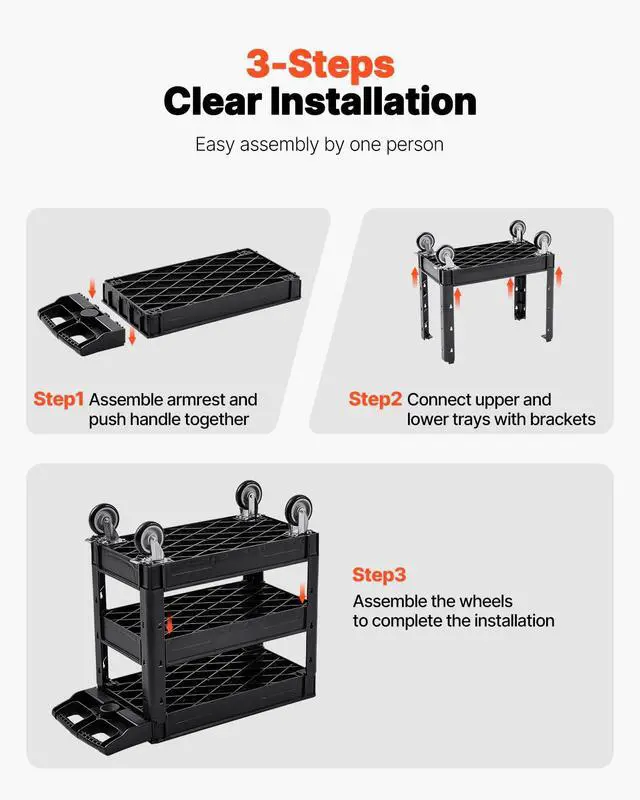Alt view image 6 of 7 - Utility Cart, 3-Tier Plastic Service Cart with 550LBS Capacity, 360° Swivel Casters (Including 2 Locking Wheels), Medium Lipped Shelves, Ergonomic Handle, for Garage, Warehouse, Cleaning Tasks