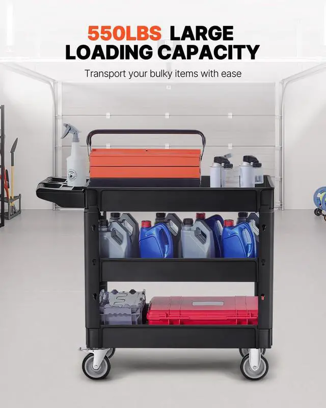 Alt view image 2 of 7 - Utility Cart, 3-Tier Plastic Service Cart with 550LBS Capacity, 360° Swivel Casters (Including 2 Locking Wheels), Medium Lipped Shelves, Ergonomic Handle, for Garage, Warehouse, Cleaning Tasks
