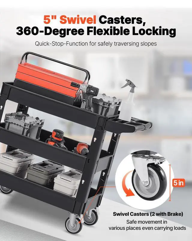 Alt view image 3 of 7 - Utility Cart, 3-Tier Plastic Service Cart with 550LBS Capacity, 360° Swivel Casters (Including 2 Locking Wheels), Medium Lipped Shelves, Ergonomic Handle, for Garage, Warehouse, Cleaning Tasks