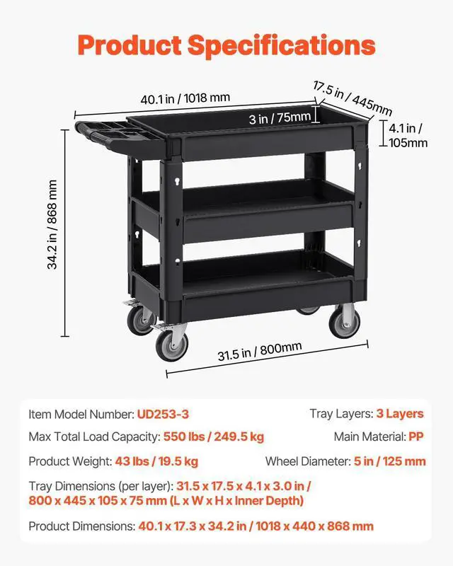 Alt view image 7 of 7 - Utility Cart, 3-Tier Plastic Service Cart with 550LBS Capacity, 360° Swivel Casters (Including 2 Locking Wheels), Medium Lipped Shelves, Ergonomic Handle, for Garage, Warehouse, Cleaning Tasks
